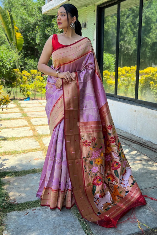 Load image into Gallery viewer, Excellent Lavender  Paithani Silk Saree With Stunner Blouse Piece
