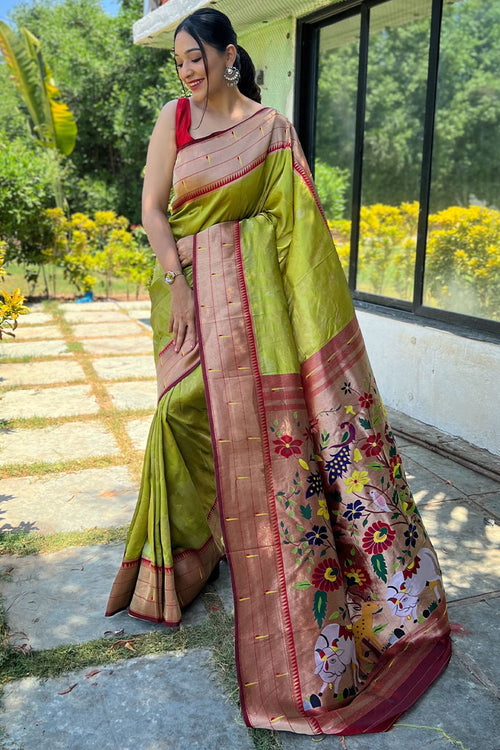 Load image into Gallery viewer, Groovy Mehndi Paithani Silk Saree With Adorable Blouse Piece
