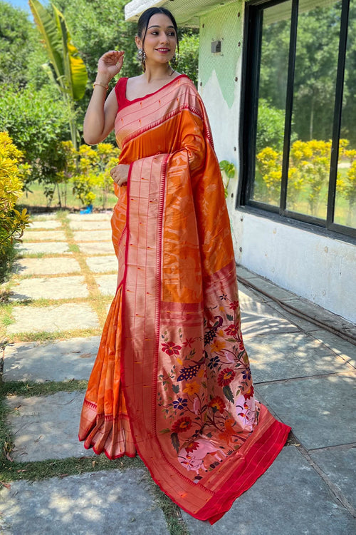 Load image into Gallery viewer, Deserving Orange Paithani Silk Saree With Skinny Blouse Piece
