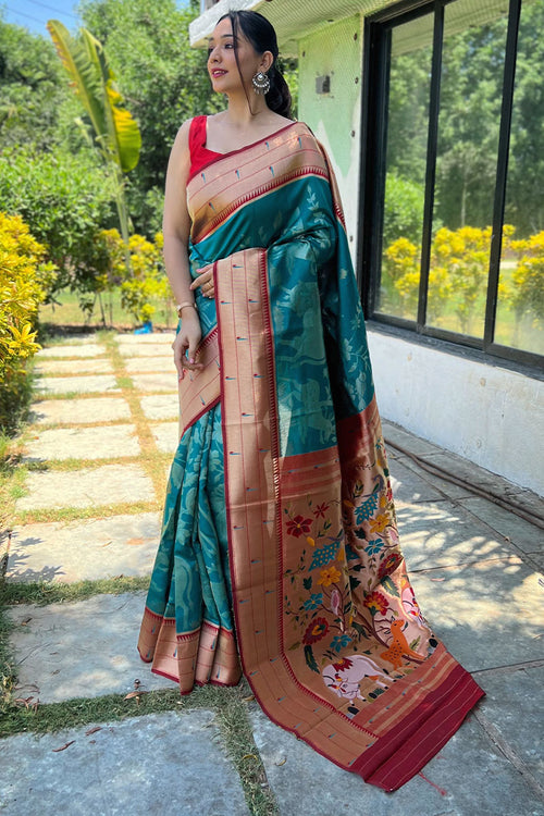 Load image into Gallery viewer, Intricate Rama Paithani Silk Saree With Appealing Blouse Piece
