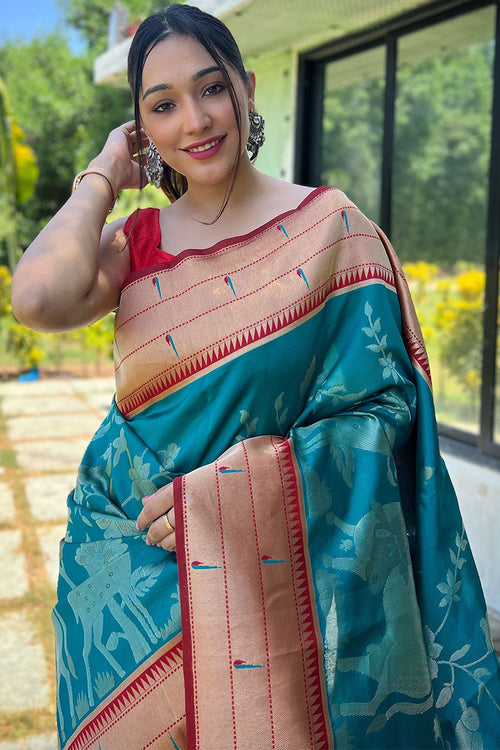 Load image into Gallery viewer, Intricate Rama Paithani Silk Saree With Appealing Blouse Piece
