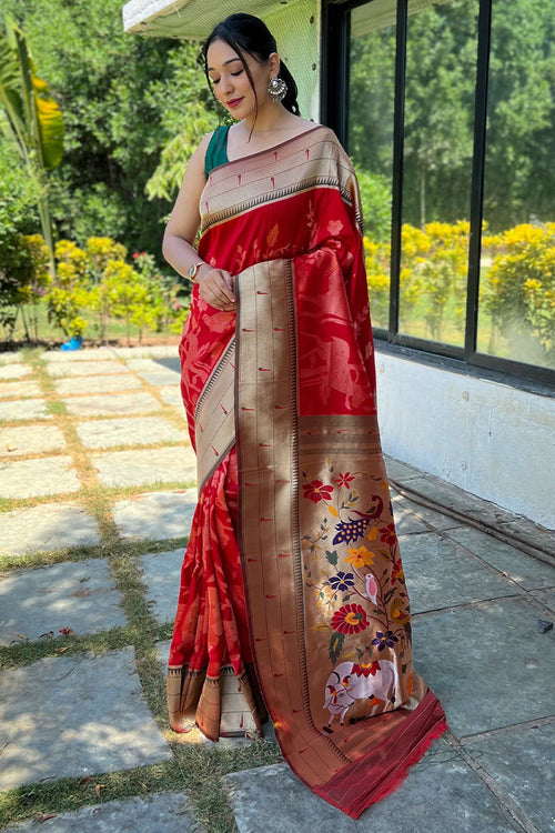 Load image into Gallery viewer, Prominent Red Paithani Silk Saree With Entrancing Blouse Piece
