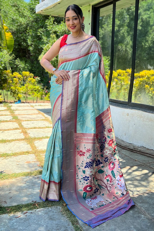 Load image into Gallery viewer, Demanding Sky Paithani Silk Saree With Outstanding Blouse Piece
