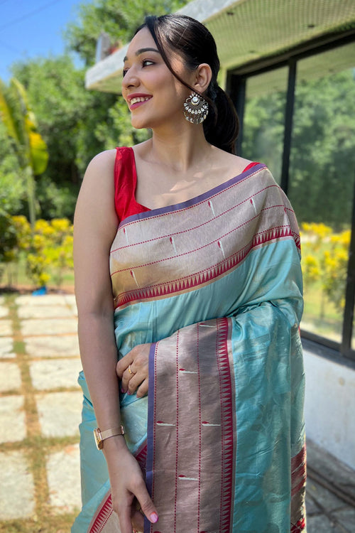 Load image into Gallery viewer, Demanding Sky Paithani Silk Saree With Outstanding Blouse Piece
