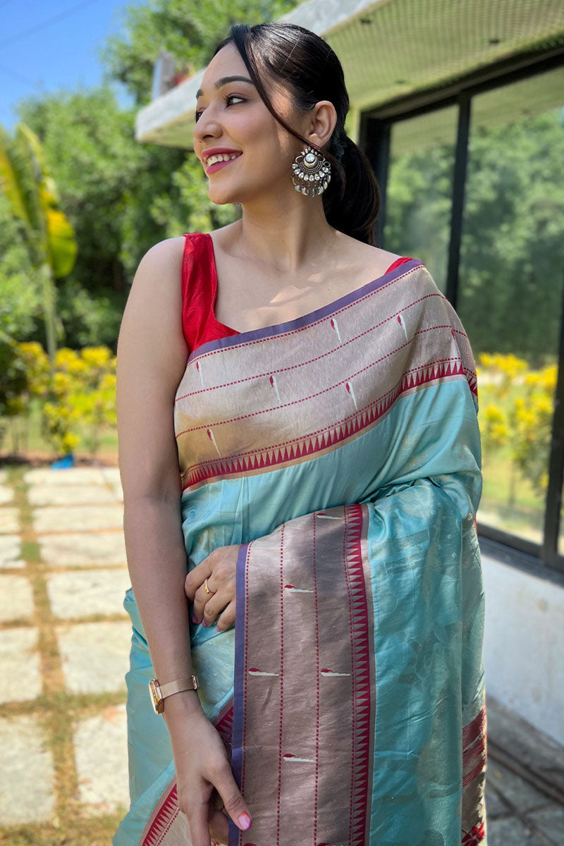 Demanding Sky Paithani Silk Saree With Outstanding Blouse Piece