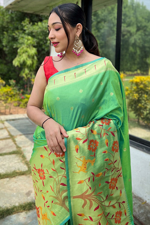 Load image into Gallery viewer, Delectable Parrot Paithani Silk Saree With Artistic Blouse Piece
