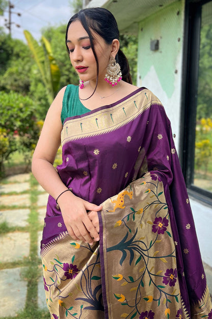 Unequalled Purple Paithani Silk Saree With Quixotic Blouse Piece