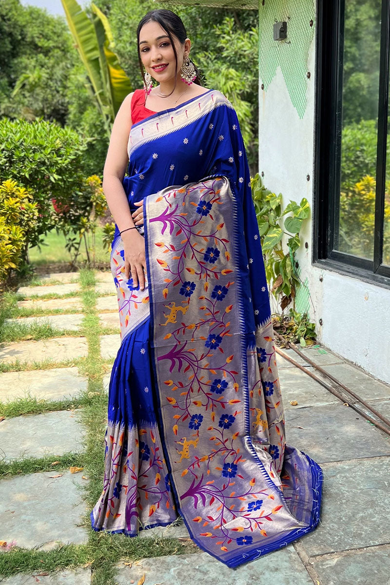 Panoply Royal Blue Paithani Silk Saree With Embrocation Blouse Piece
