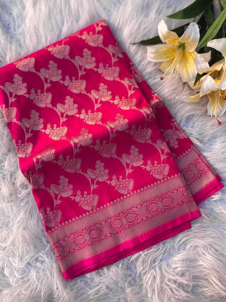 Pretty Dark Pink Soft Banarasi Silk Saree With Skinny Blouse Piece