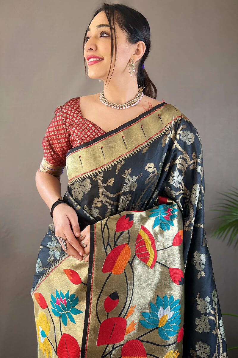 Invaluable Black Paithani Silk Saree With Designer Blouse Piece