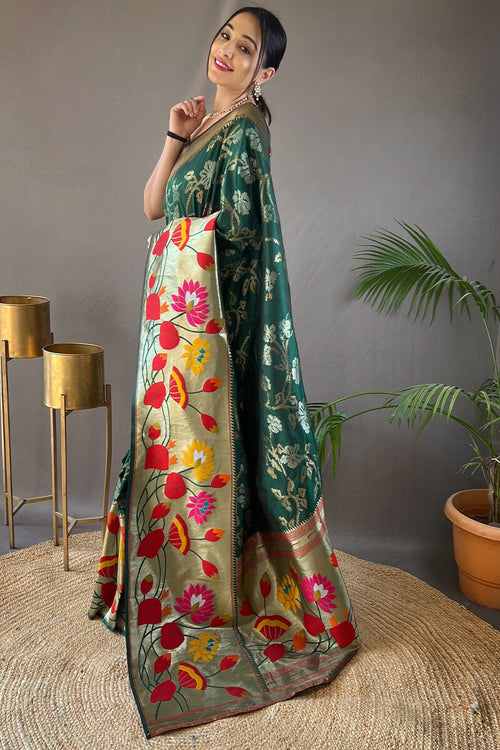 Load image into Gallery viewer, Energetic Dark Green Paithani Silk Saree With Deserving Blouse Piece
