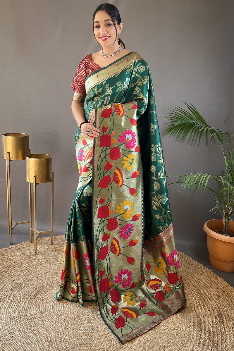 Energetic Dark Green Paithani Silk Saree With Deserving Blouse Piece