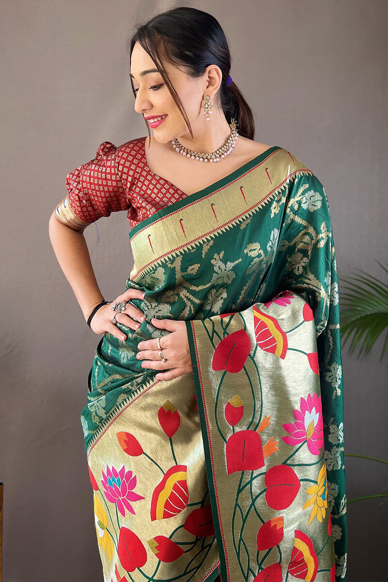 Energetic Dark Green Paithani Silk Saree With Deserving Blouse Piece