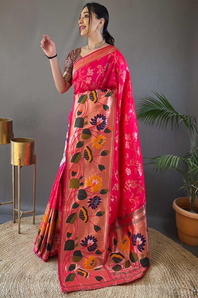 Lovely Dark Pink Paithani Silk Saree With Mesmerising Blouse Piece