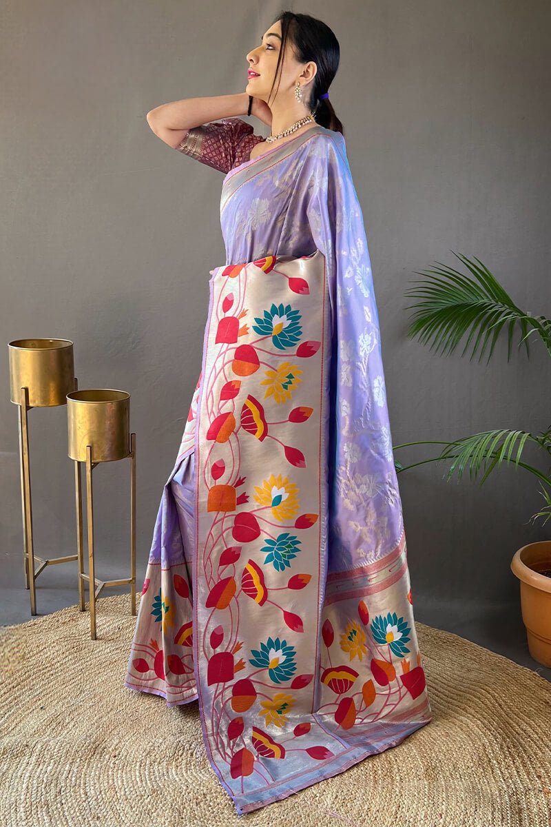Elegant Lavender Paithani Silk Saree With Gleaming Blouse Piece