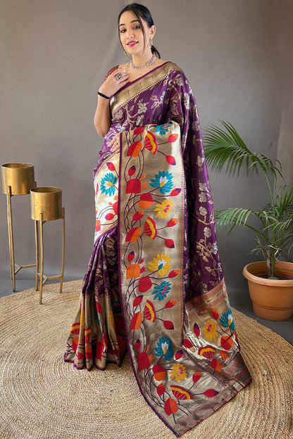Skinny Purple Paithani Silk Saree With Gratifying Blouse Piece