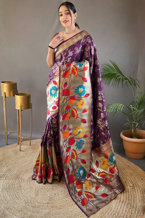 Load image into Gallery viewer, Skinny Purple Paithani Silk Saree With Gratifying Blouse Piece
