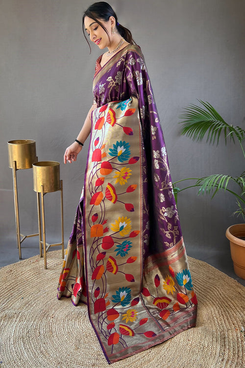 Load image into Gallery viewer, Skinny Purple Paithani Silk Saree With Gratifying Blouse Piece
