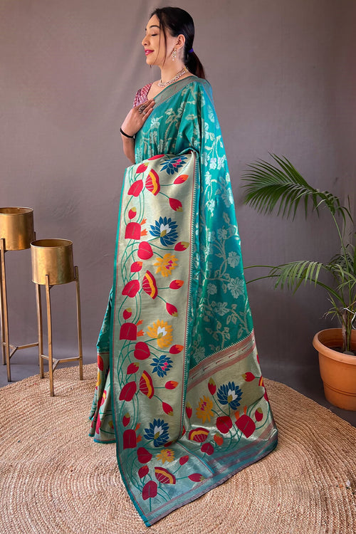 Load image into Gallery viewer, Girlish Rama Paithani Silk Saree With Surpassing Blouse Piece
