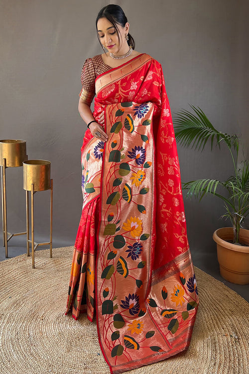 Load image into Gallery viewer, Engrossing Red Paithani Silk Saree With Hypnotic Blouse Piece
