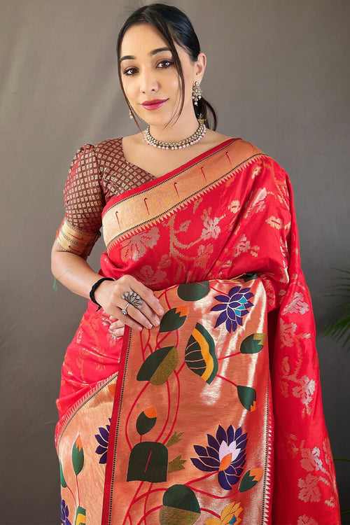 Load image into Gallery viewer, Engrossing Red Paithani Silk Saree With Hypnotic Blouse Piece
