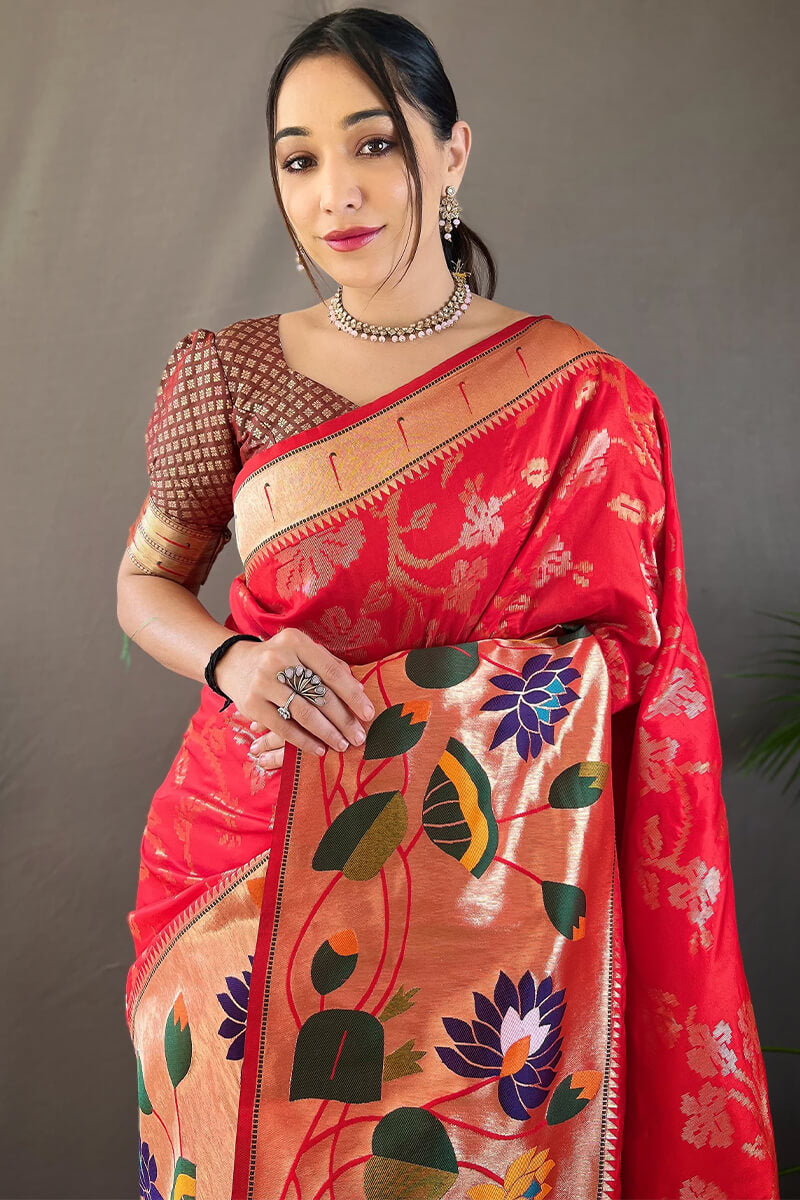 Engrossing Red Paithani Silk Saree With Hypnotic Blouse Piece