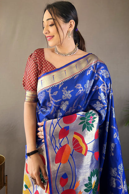 Opulent Royal Blue Paithani Silk Saree With Preferable Blouse Piece