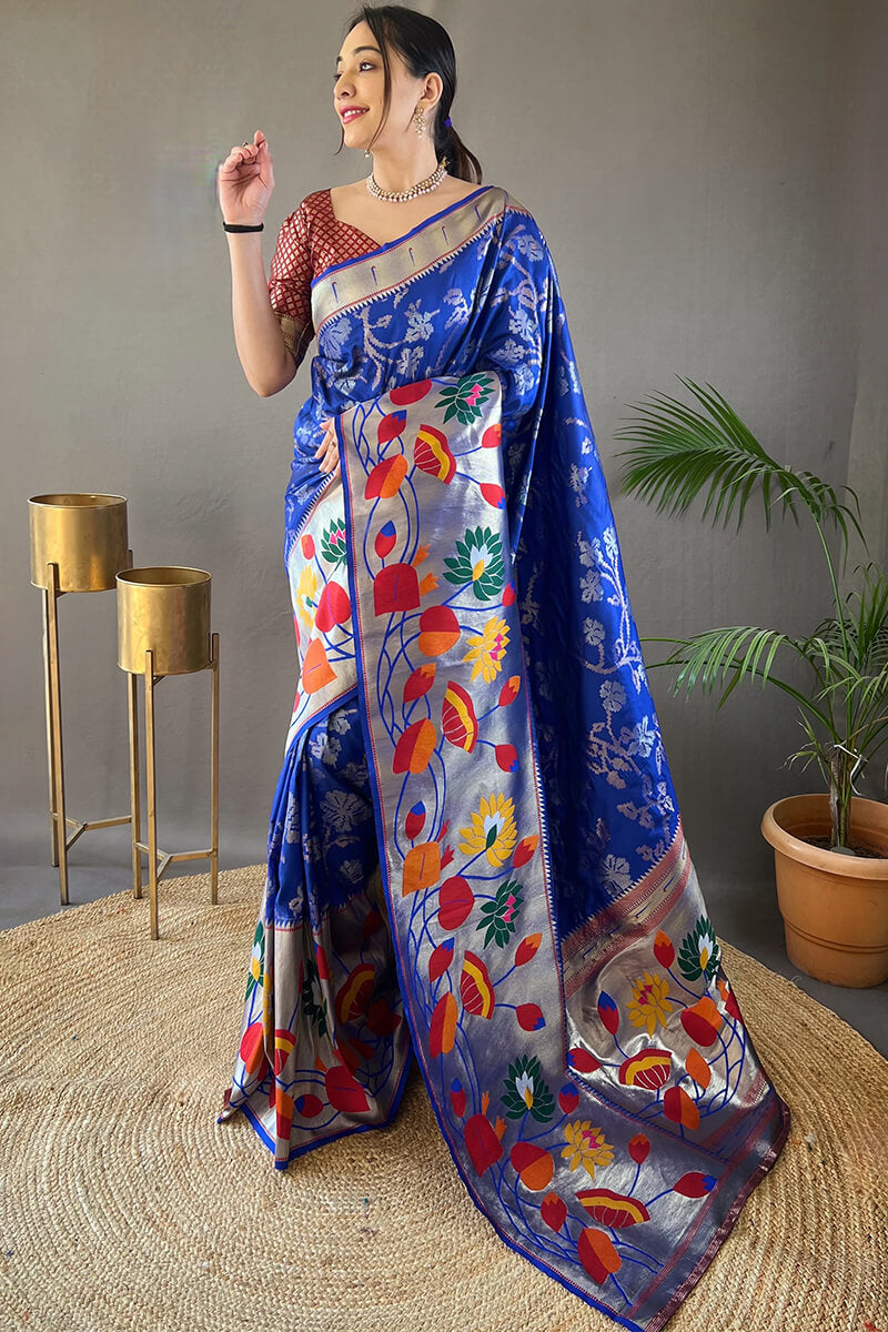 Opulent Royal Blue Paithani Silk Saree With Preferable Blouse Piece