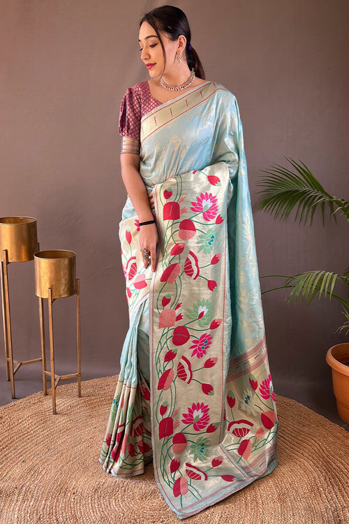 Load image into Gallery viewer, Glorious Sky Paithani Silk Saree With Fairytale Blouse Piece
