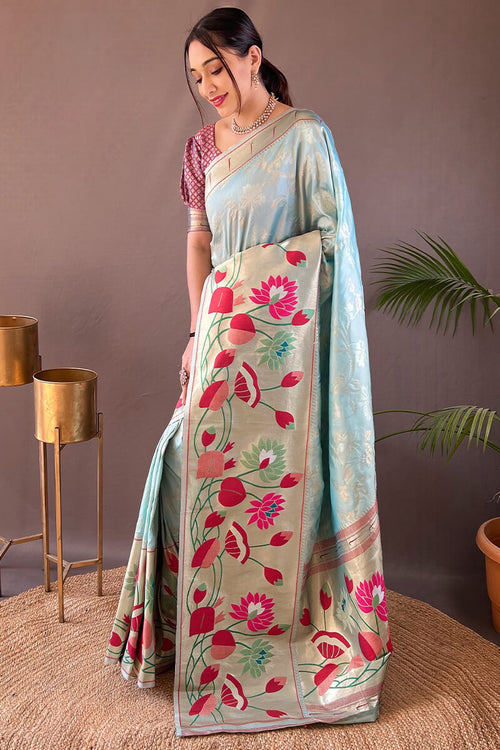 Load image into Gallery viewer, Glorious Sky Paithani Silk Saree With Fairytale Blouse Piece
