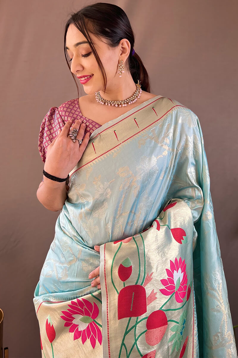 Glorious Sky Paithani Silk Saree With Fairytale Blouse Piece
