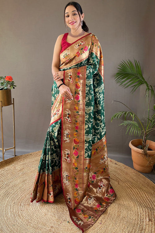 Load image into Gallery viewer, Ornate Dark Green Paithani Silk Saree With Enamoring Blouse Piece
