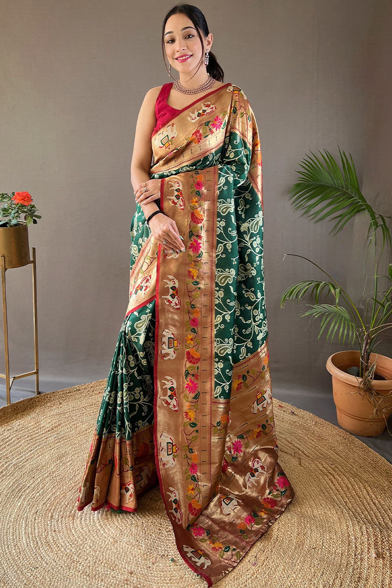 Ornate Dark Green Paithani Silk Saree With Enamoring Blouse Piece