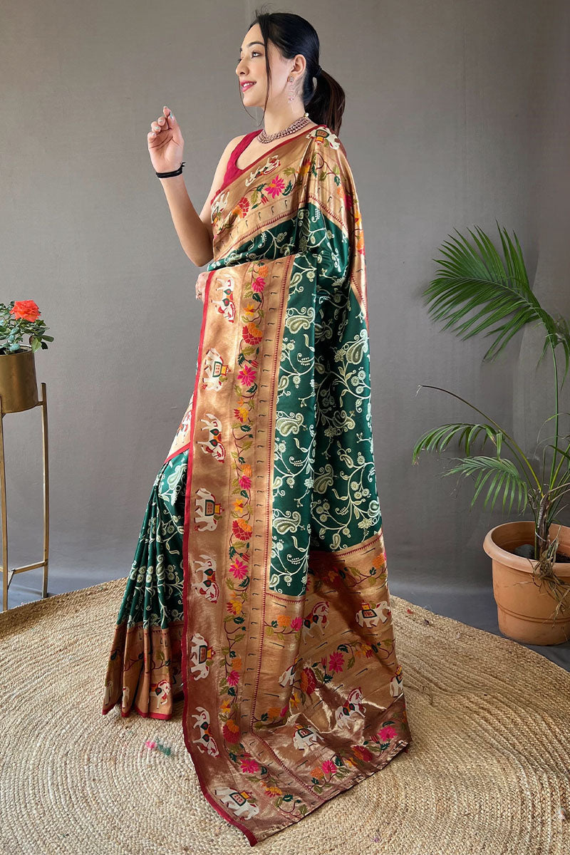 Ornate Dark Green Paithani Silk Saree With Enamoring Blouse Piece