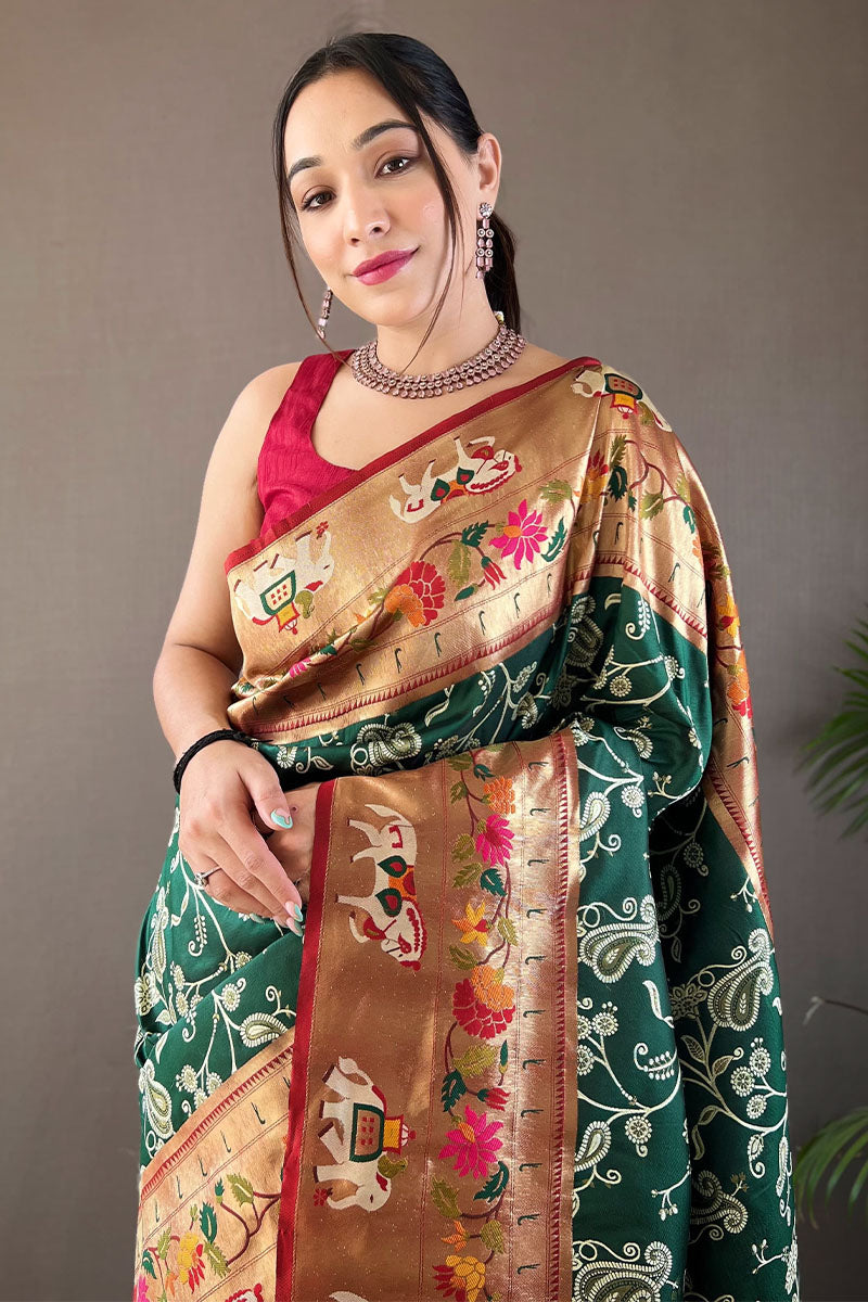 Ornate Dark Green Paithani Silk Saree With Enamoring Blouse Piece