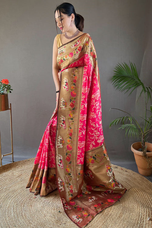 Load image into Gallery viewer, Proficient Dark Pink Paithani Silk Saree With Exuberant Blouse Piece
