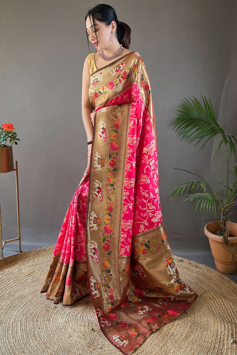 Proficient Dark Pink Paithani Silk Saree With Exuberant Blouse Piece