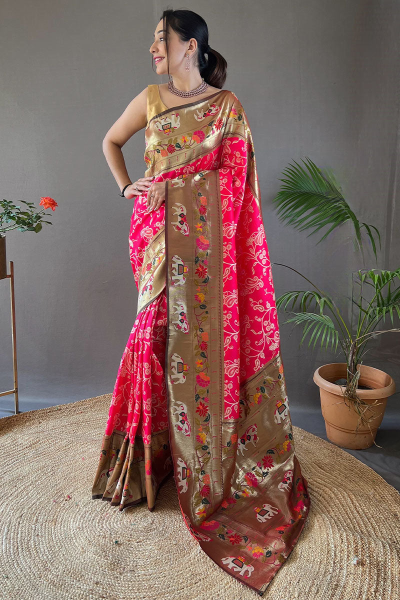 Proficient Dark Pink Paithani Silk Saree With Exuberant Blouse Piece