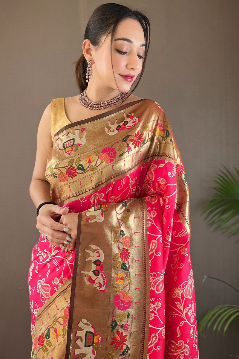 Proficient Dark Pink Paithani Silk Saree With Exuberant Blouse Piece