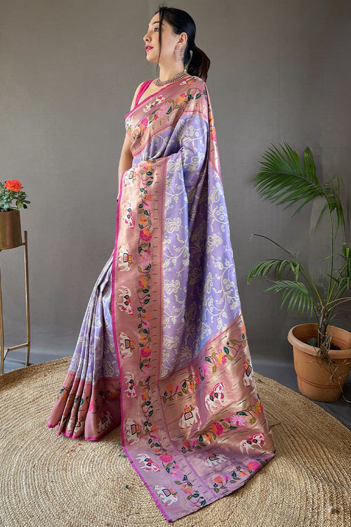 Load image into Gallery viewer, Engaging Lavender Paithani Silk Saree With Serendipity Blouse Piece
