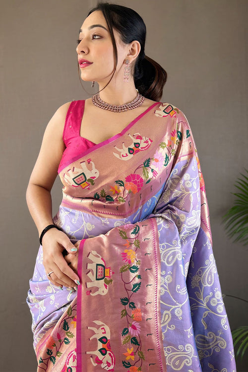 Load image into Gallery viewer, Engaging Lavender Paithani Silk Saree With Serendipity Blouse Piece
