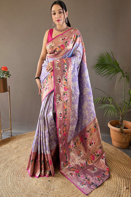 Load image into Gallery viewer, Engaging Lavender Paithani Silk Saree With Serendipity Blouse Piece
