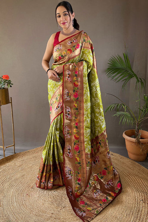 Load image into Gallery viewer, Lassitude Mehndi Paithani Silk Saree With Demure Blouse Piece
