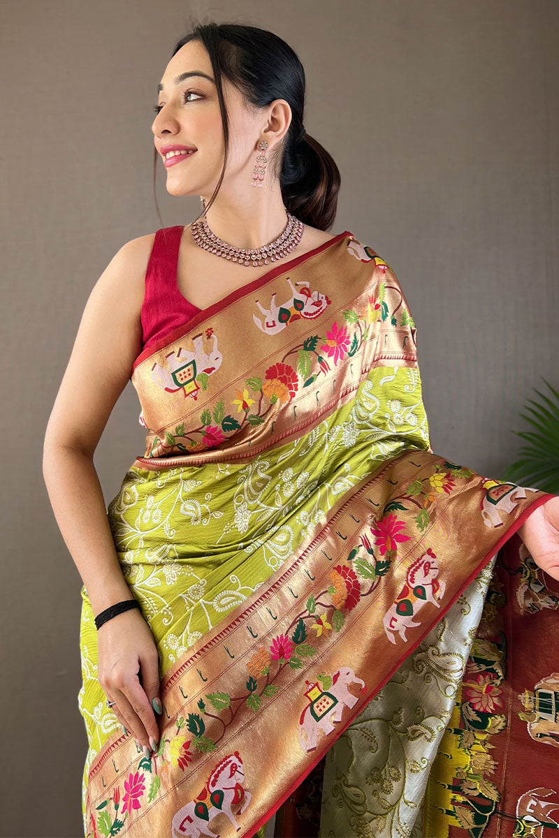 Lassitude Mehndi Paithani Silk Saree With Demure Blouse Piece