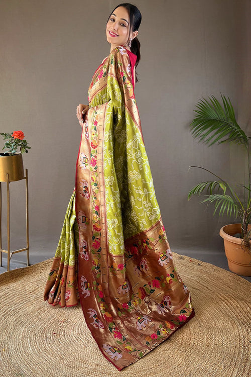 Load image into Gallery viewer, Lassitude Mehndi Paithani Silk Saree With Demure Blouse Piece
