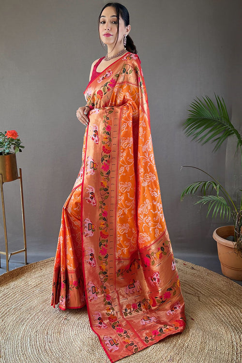 Load image into Gallery viewer, Ideal Orange Paithani Silk Saree With Adoring Blouse Piece
