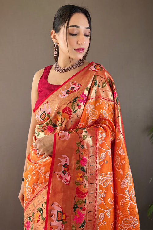 Load image into Gallery viewer, Ideal Orange Paithani Silk Saree With Adoring Blouse Piece
