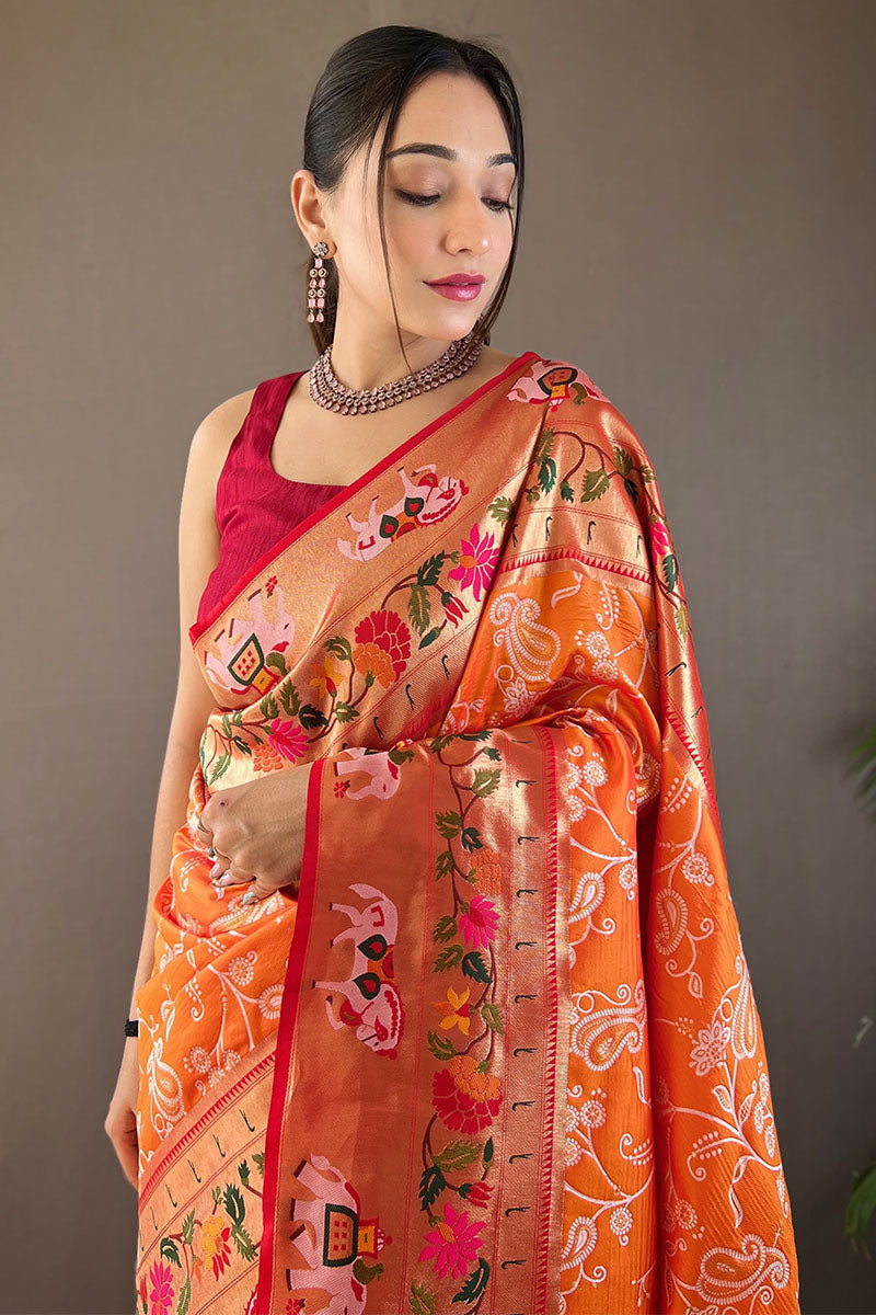 Ideal Orange Paithani Silk Saree With Adoring Blouse Piece