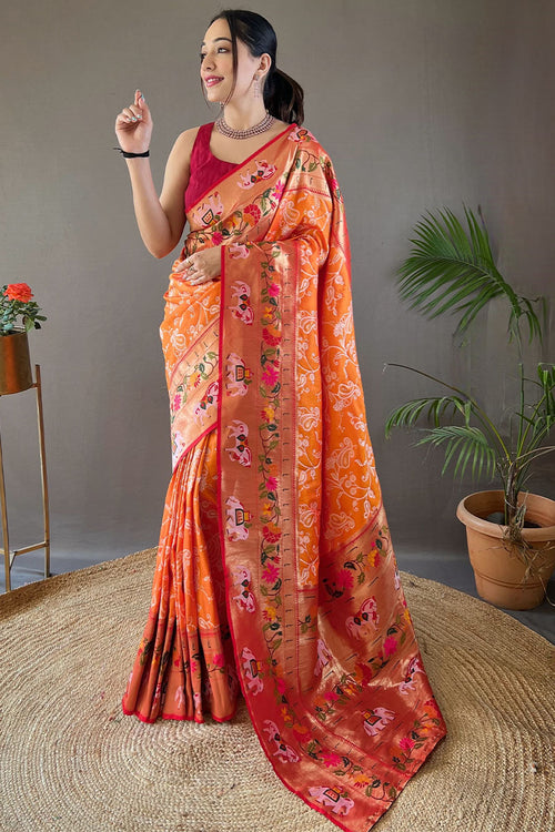 Load image into Gallery viewer, Ideal Orange Paithani Silk Saree With Adoring Blouse Piece
