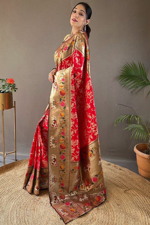 Load image into Gallery viewer, Stunning Red Paithani Silk Saree With Deserving Blouse Piece
